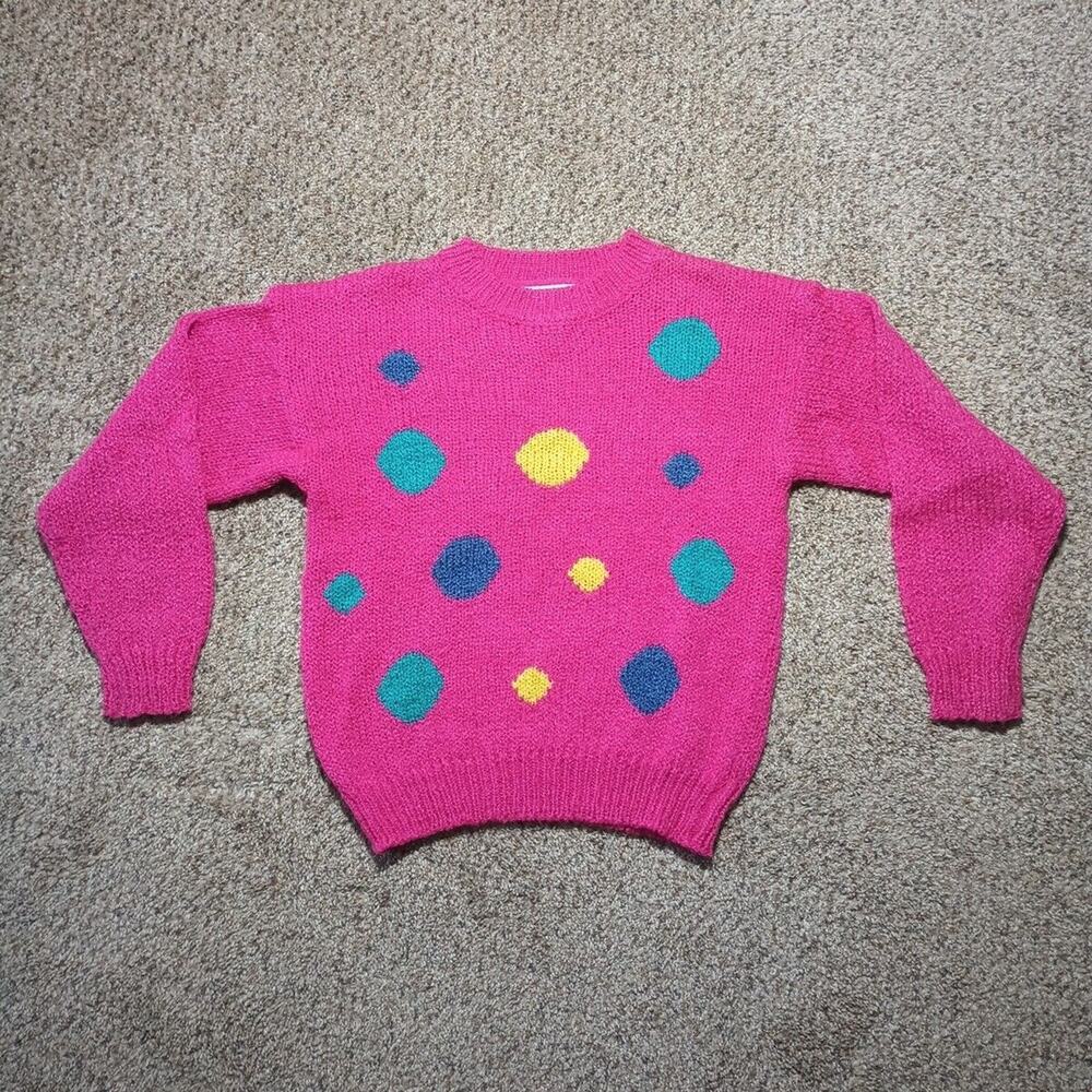 Vtg Private Party Women’s Pullover Sweater Pink Polka Dots Crew Neck Sz Small